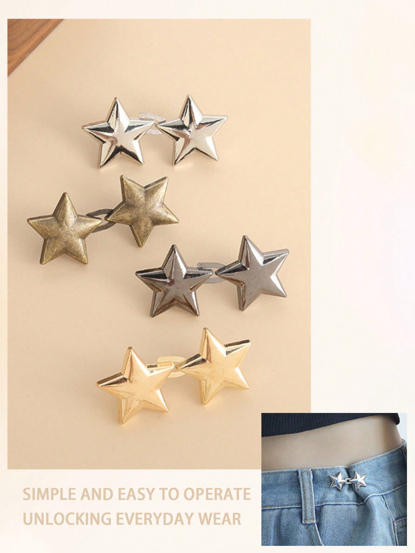 4Pcs Star Shaped Detachable Waistband Button Buckle, Adjustable Waist Clip for Jeans Skirts Pants