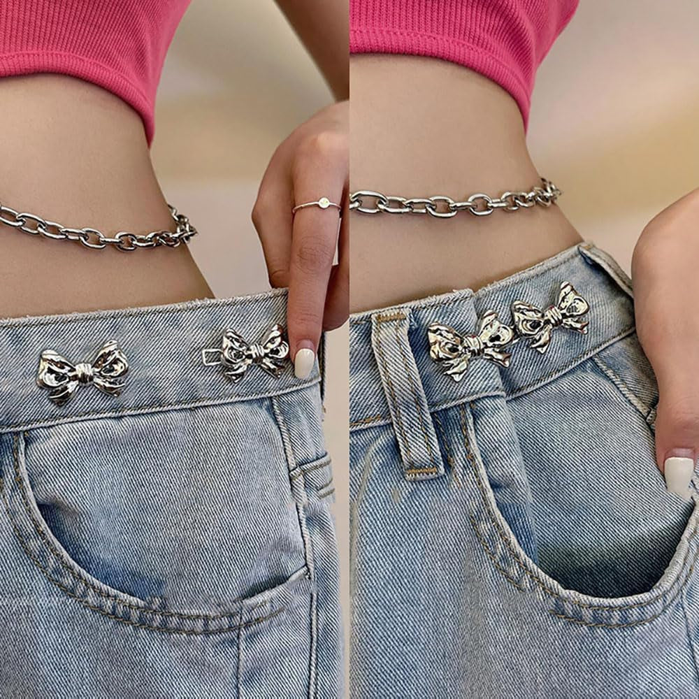 4Sets Cute Metal Bows Buttons,Detachable Adjustable Bow Jean Buttons for Loose Jeans No Sewing Required Reusable Bowknot Button Pant Waist Tightener Button Pins for Pants Skirts Dress Sweaters Clothes